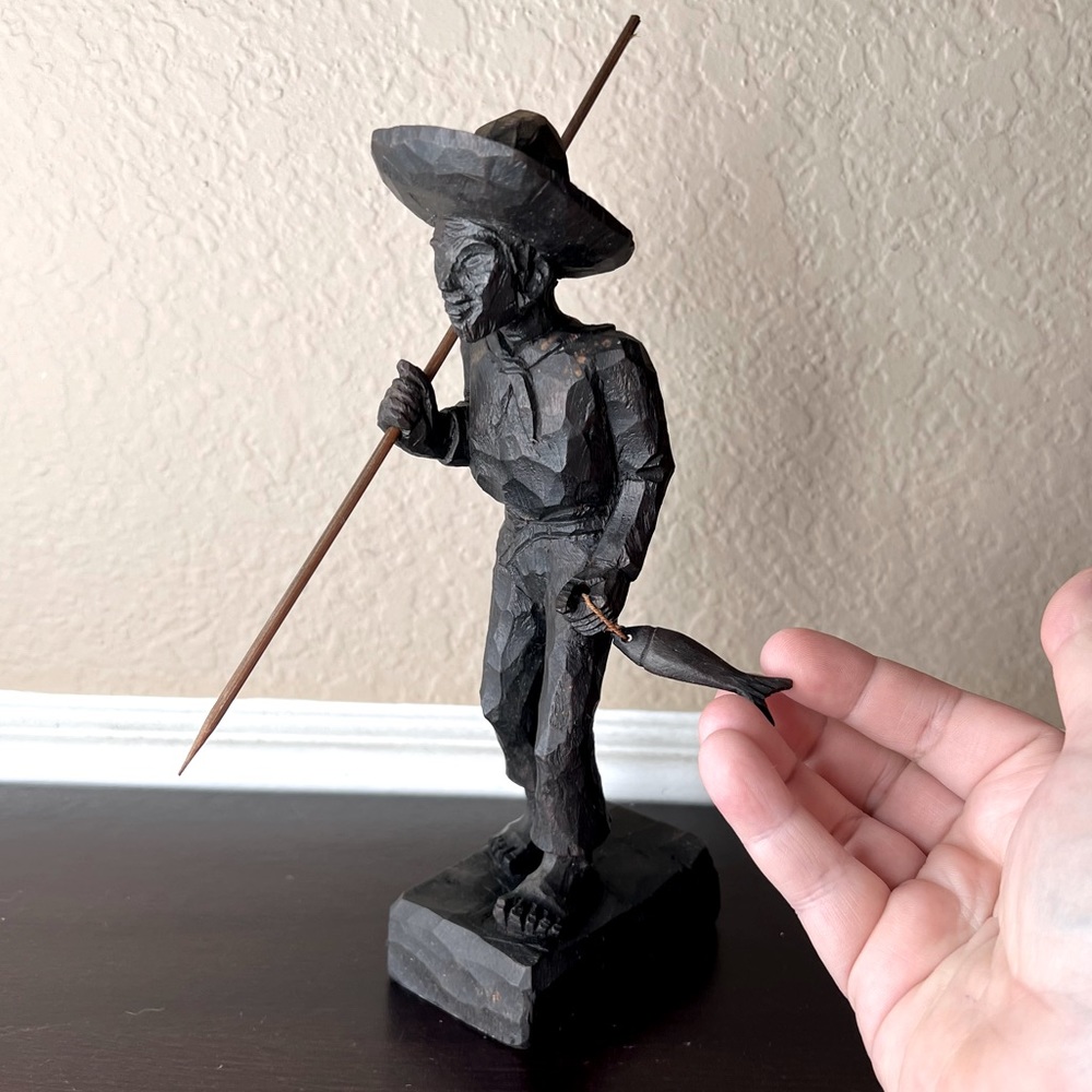 Vintage 1960's Boutique Joana Brazil Hand Carved Wood Sculpture of Fisherman